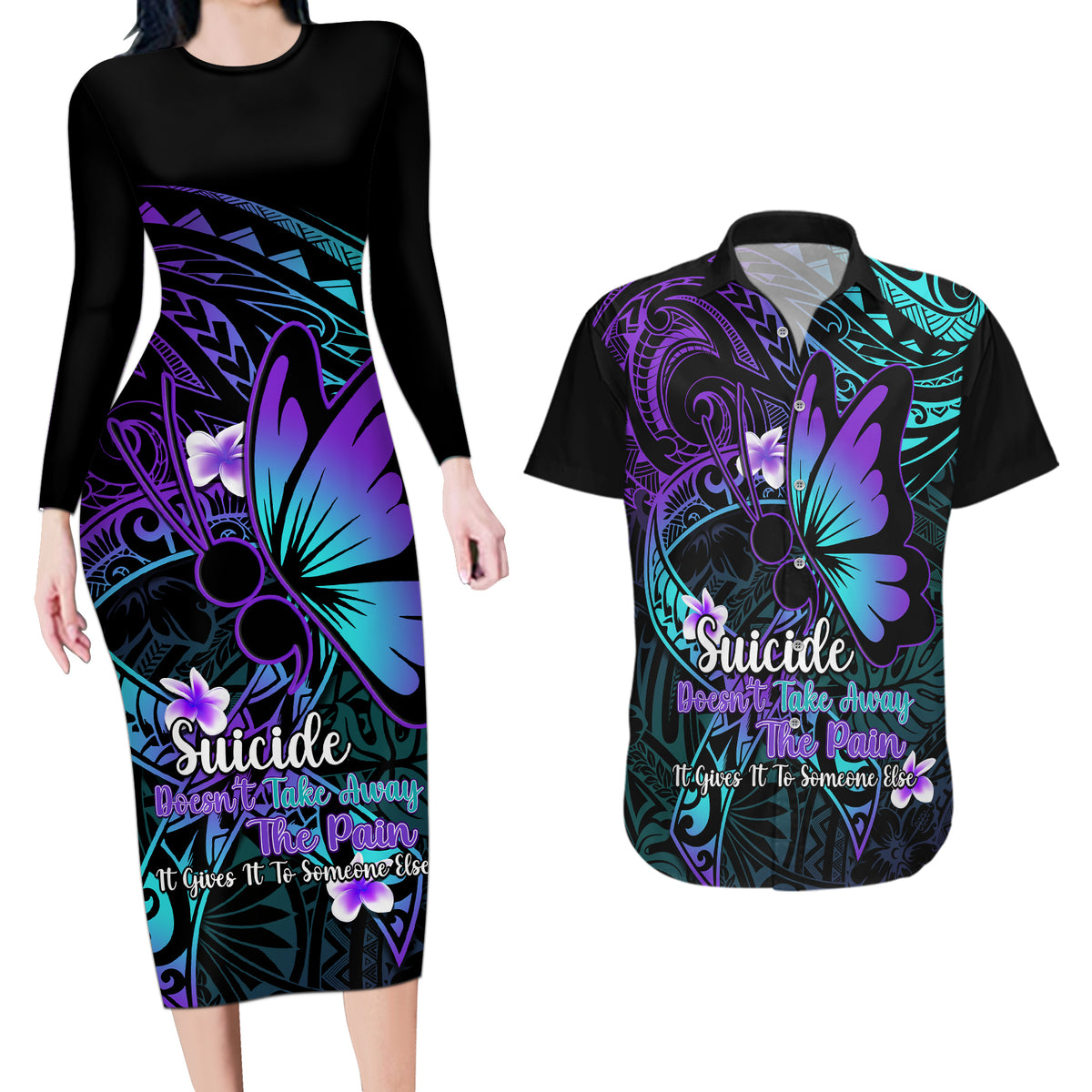 Polynesia Suicide Prevention Awareness Couples Matching Long Sleeve Bodycon Dress and Hawaiian Shirt Your Life Is Worth Living For Polynesian Blue Pattern - Wonder Print Shop
