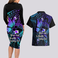 Polynesia Suicide Prevention Awareness Couples Matching Long Sleeve Bodycon Dress and Hawaiian Shirt Your Life Is Worth Living For Polynesian Blue Pattern - Wonder Print Shop