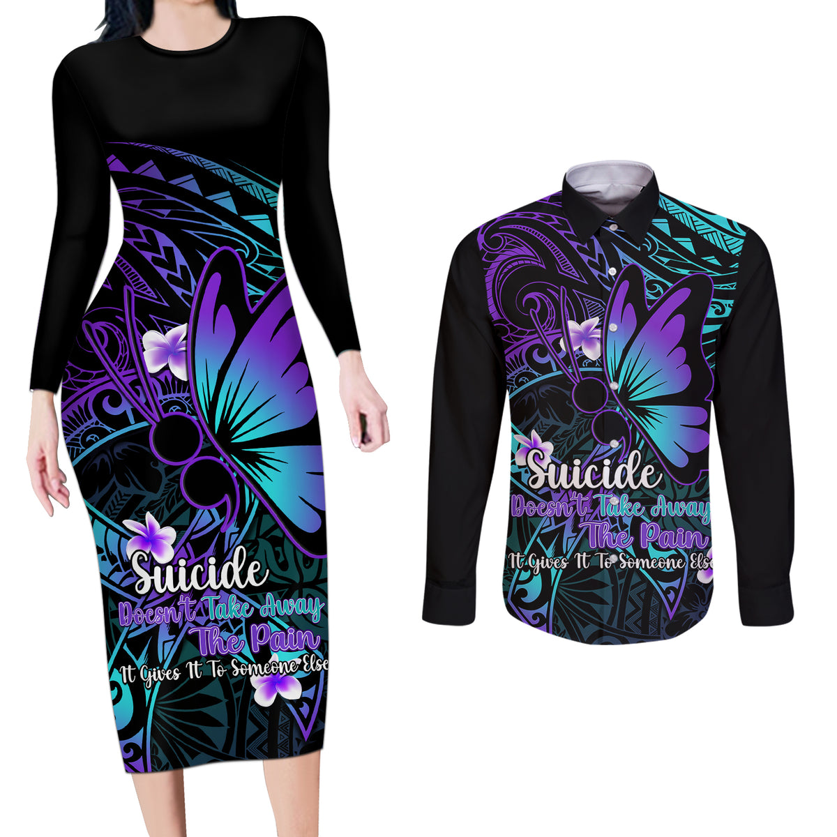 Polynesia Suicide Prevention Awareness Couples Matching Long Sleeve Bodycon Dress and Long Sleeve Button Shirts Your Life Is Worth Living For Polynesian Blue Pattern - Wonder Print Shop