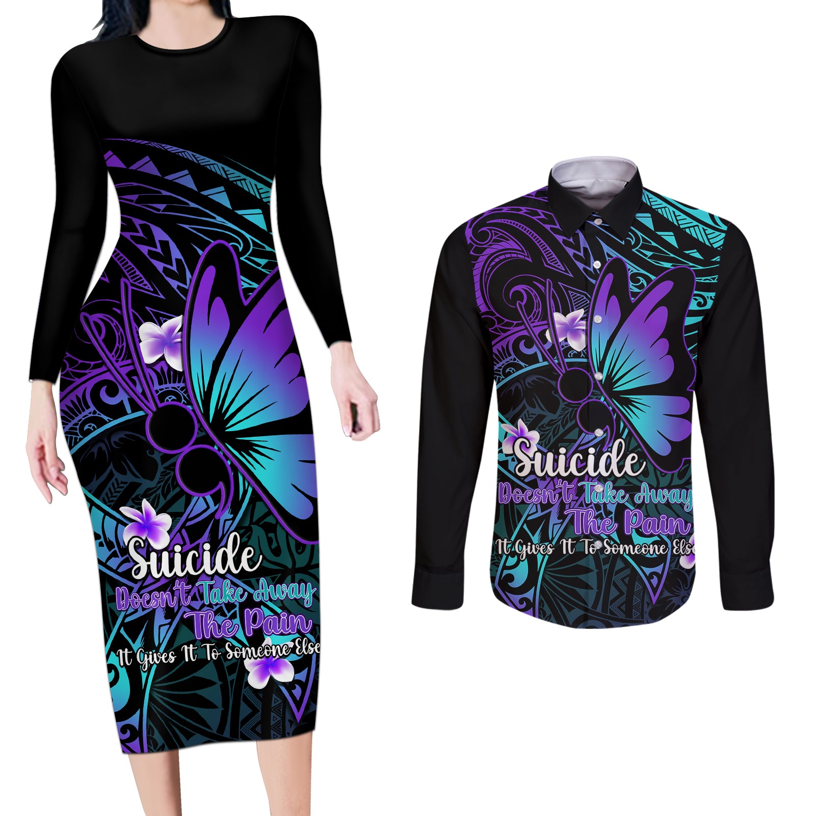 Polynesia Suicide Prevention Awareness Couples Matching Long Sleeve Bodycon Dress and Long Sleeve Button Shirts Your Life Is Worth Living For Polynesian Blue Pattern - Wonder Print Shop