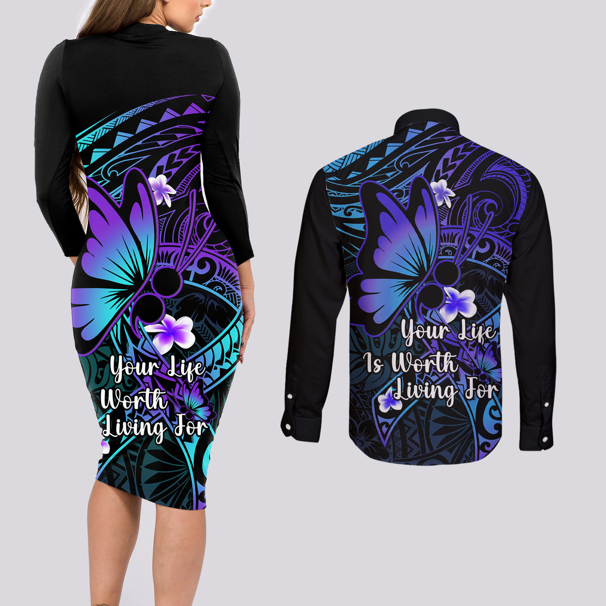 Polynesia Suicide Prevention Awareness Couples Matching Long Sleeve Bodycon Dress and Long Sleeve Button Shirts Your Life Is Worth Living For Polynesian Blue Pattern - Wonder Print Shop