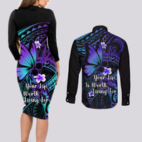 Polynesia Suicide Prevention Awareness Couples Matching Long Sleeve Bodycon Dress and Long Sleeve Button Shirts Your Life Is Worth Living For Polynesian Blue Pattern - Wonder Print Shop