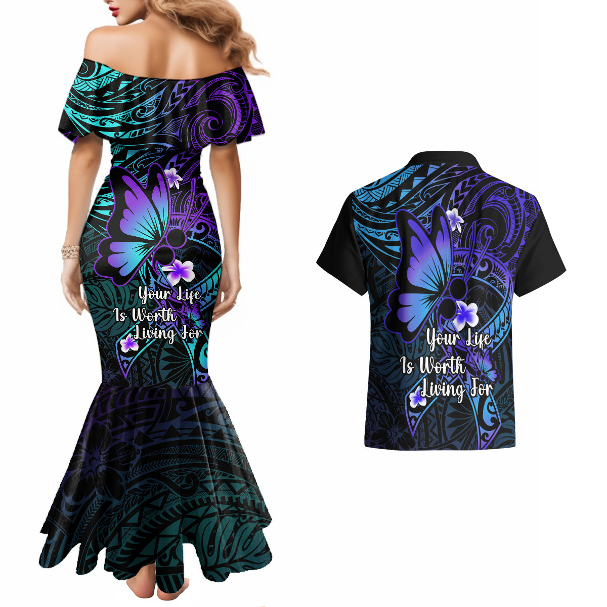 Polynesia Suicide Prevention Awareness Couples Matching Mermaid Dress and Hawaiian Shirt Your Life Is Worth Living For Polynesian Blue Pattern - Wonder Print Shop