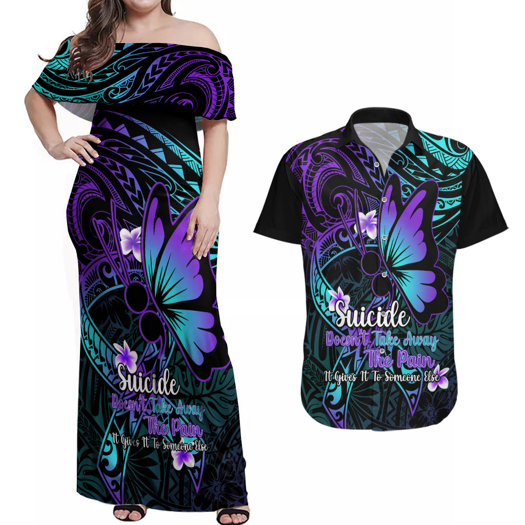 Polynesia Suicide Prevention Awareness Couples Matching Off Shoulder Maxi Dress and Hawaiian Shirt Your Life Is Worth Living For Polynesian Blue Pattern - Wonder Print Shop