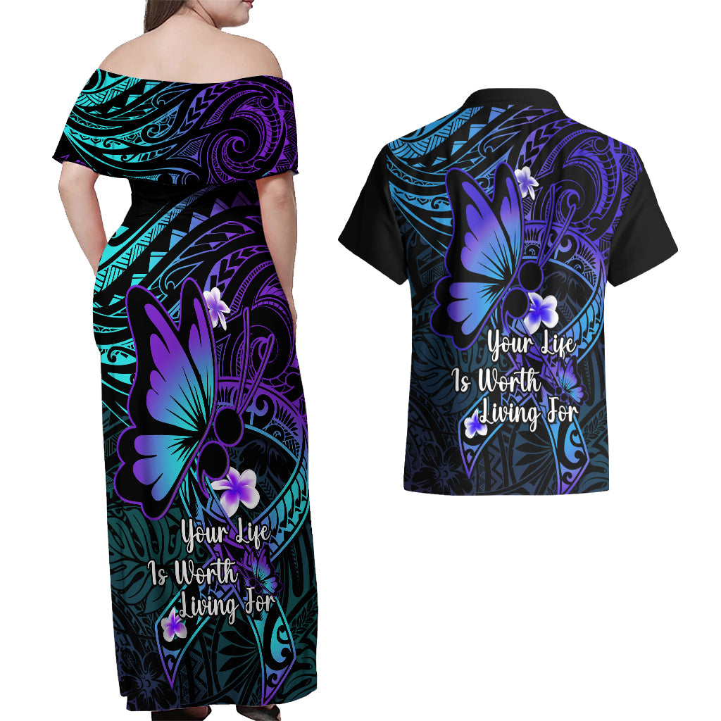Polynesia Suicide Prevention Awareness Couples Matching Off Shoulder Maxi Dress and Hawaiian Shirt Your Life Is Worth Living For Polynesian Blue Pattern - Wonder Print Shop