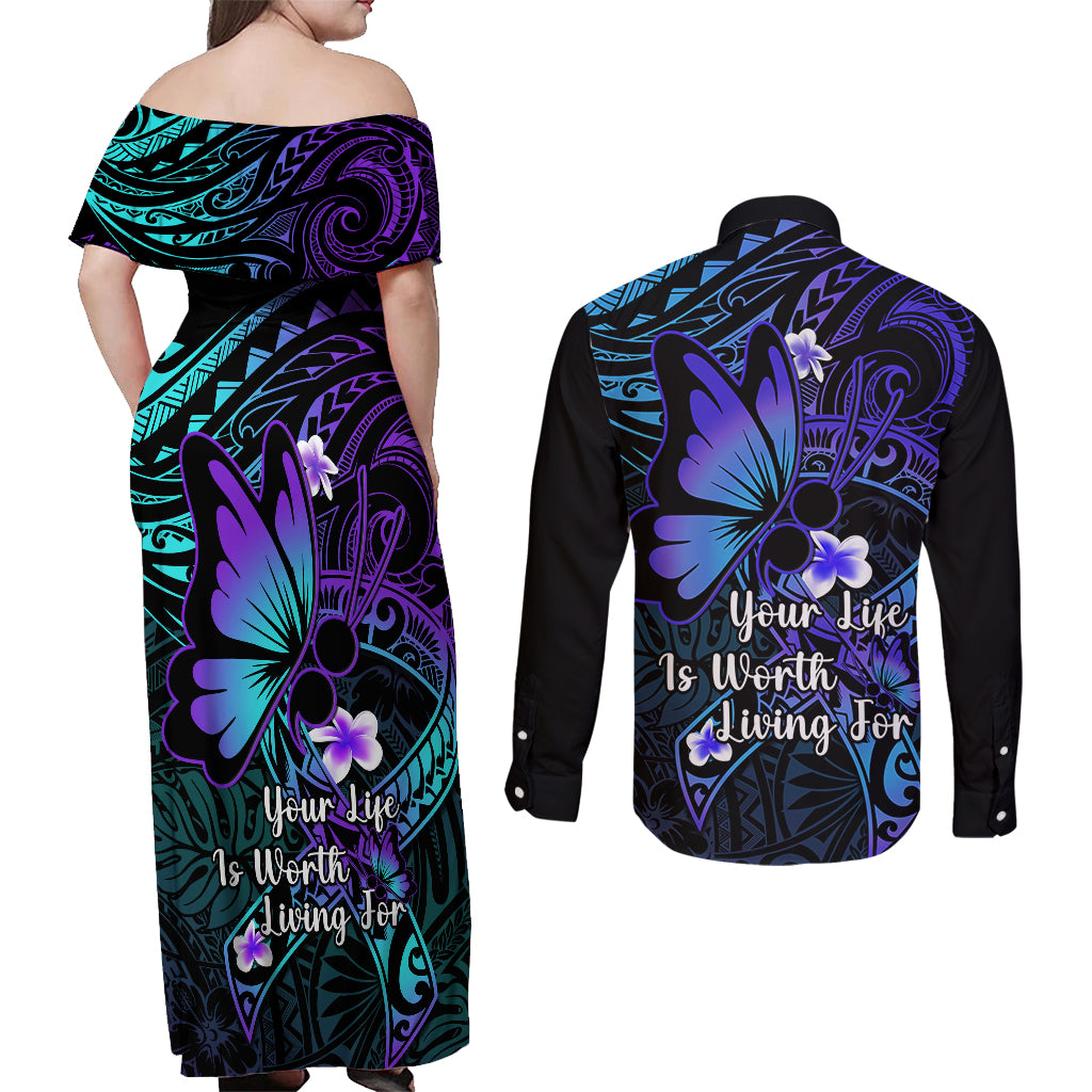Polynesia Suicide Prevention Awareness Couples Matching Off Shoulder Maxi Dress and Long Sleeve Button Shirts Your Life Is Worth Living For Polynesian Blue Pattern - Wonder Print Shop