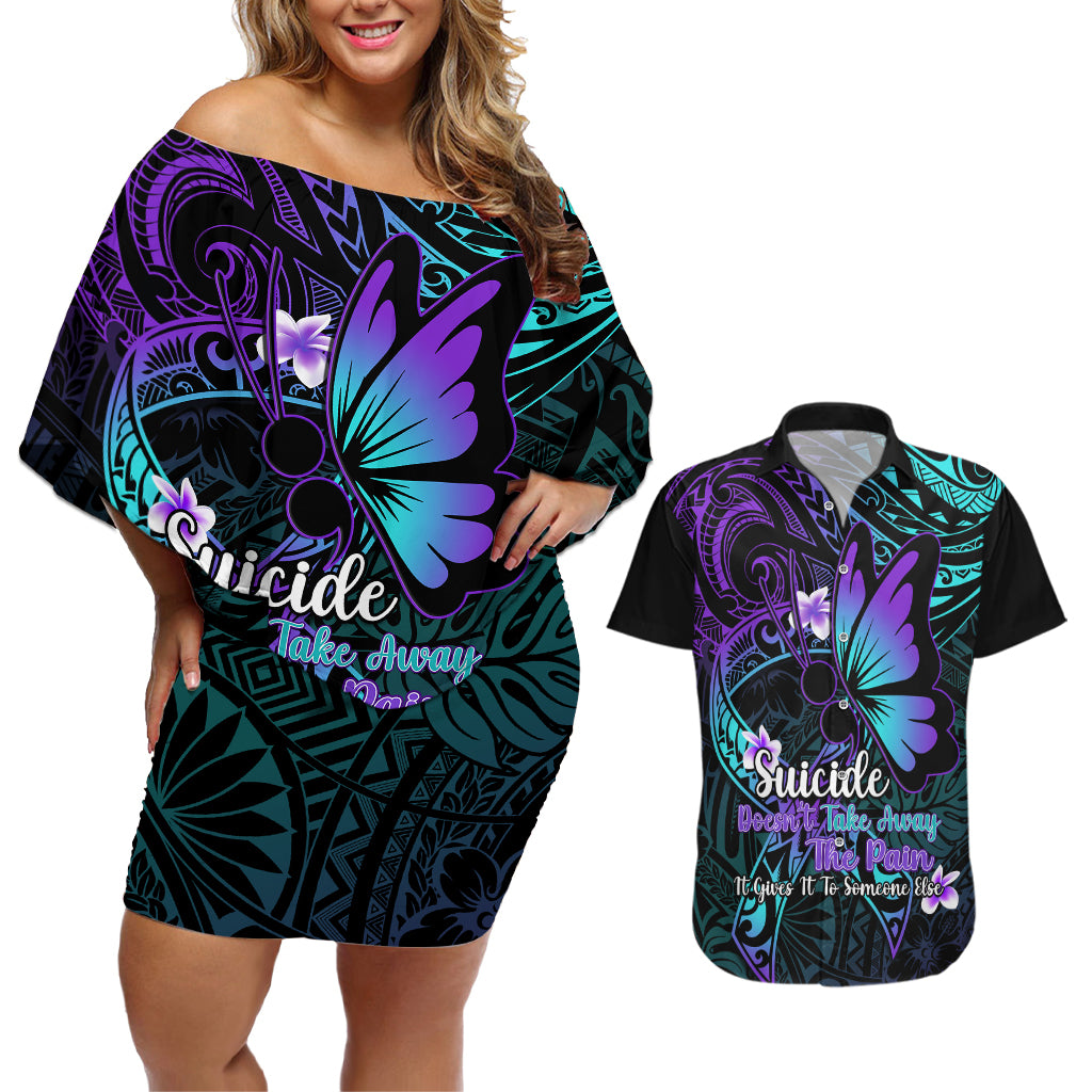 Polynesia Suicide Prevention Awareness Couples Matching Off Shoulder Short Dress and Hawaiian Shirt Your Life Is Worth Living For Polynesian Blue Pattern - Wonder Print Shop
