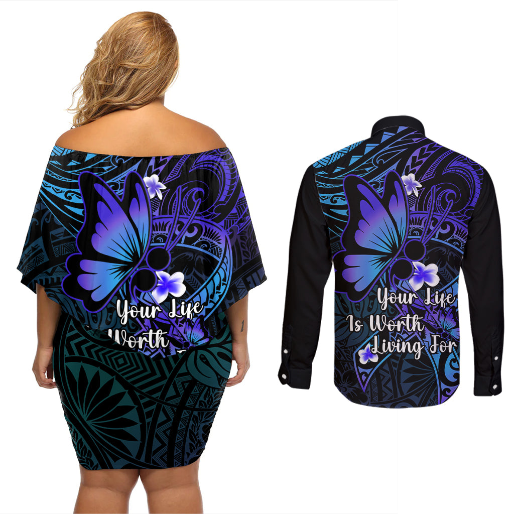 Polynesia Suicide Prevention Awareness Couples Matching Off Shoulder Short Dress and Long Sleeve Button Shirts Your Life Is Worth Living For Polynesian Blue Pattern - Wonder Print Shop