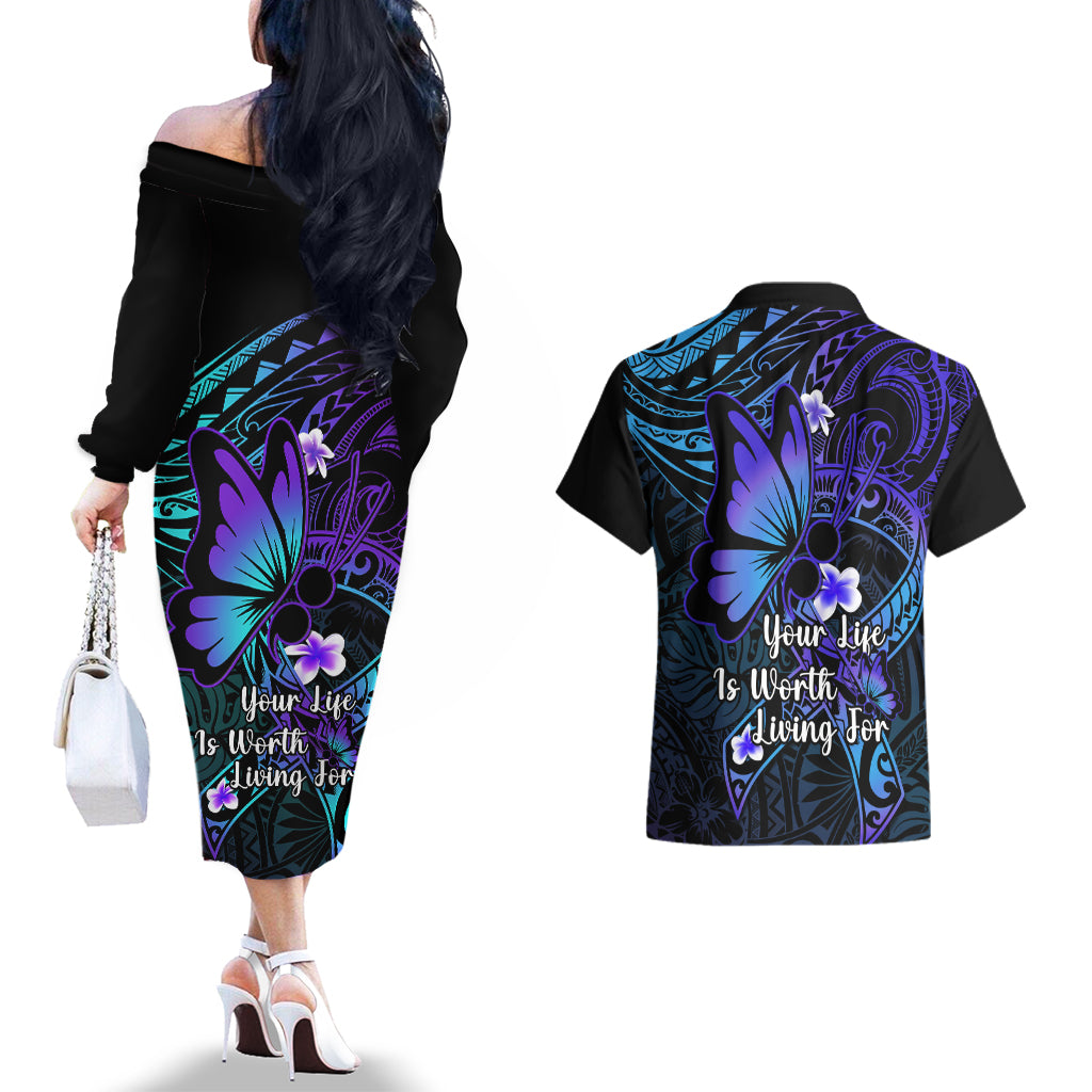 Polynesia Suicide Prevention Awareness Couples Matching Off The Shoulder Long Sleeve Dress and Hawaiian Shirt Your Life Is Worth Living For Polynesian Blue Pattern - Wonder Print Shop