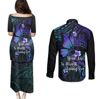 Polynesia Suicide Prevention Awareness Couples Matching Puletasi Dress and Long Sleeve Button Shirts Your Life Is Worth Living For Polynesian Blue Pattern - Wonder Print Shop