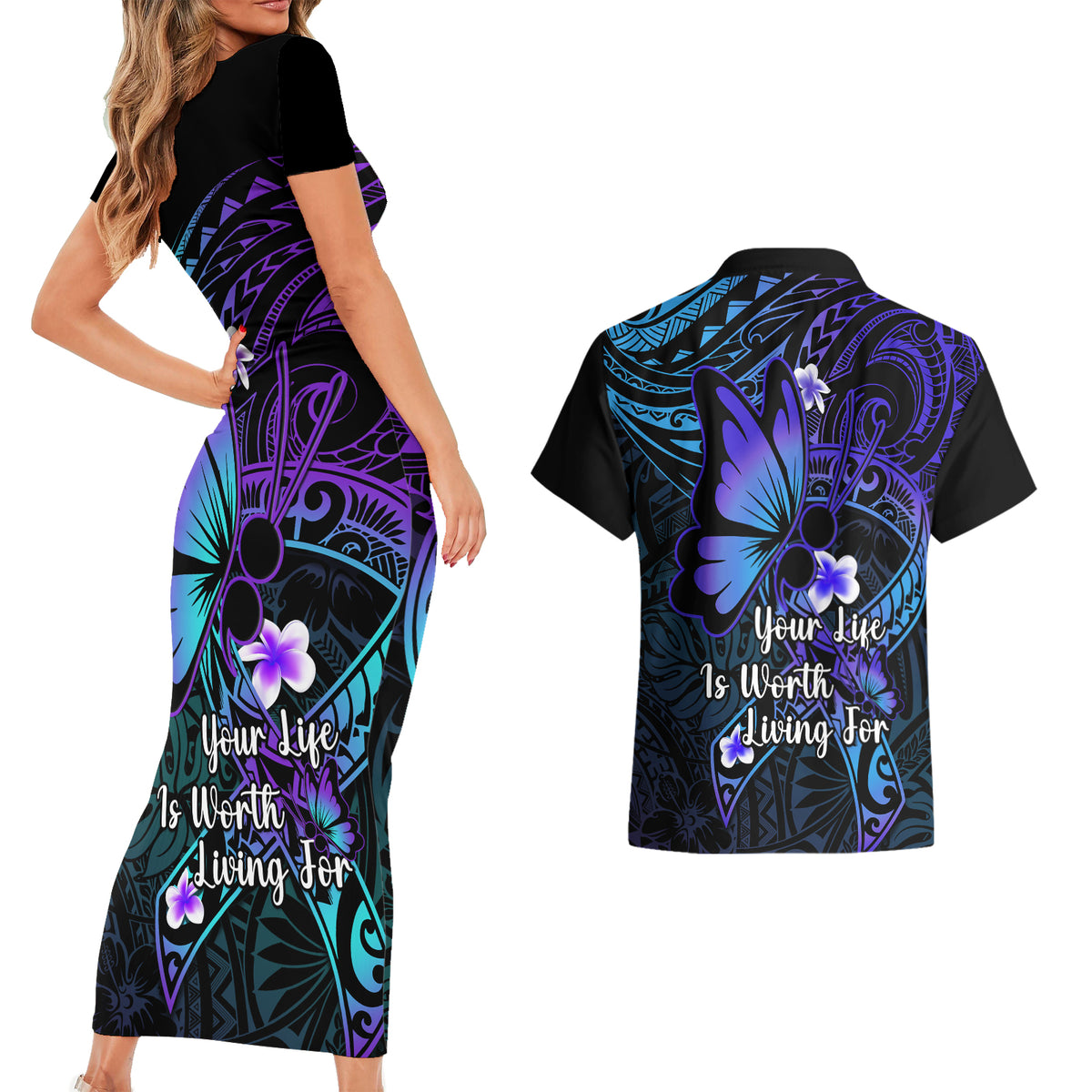 Polynesia Suicide Prevention Awareness Couples Matching Short Sleeve Bodycon Dress and Hawaiian Shirt Your Life Is Worth Living For Polynesian Blue Pattern - Wonder Print Shop