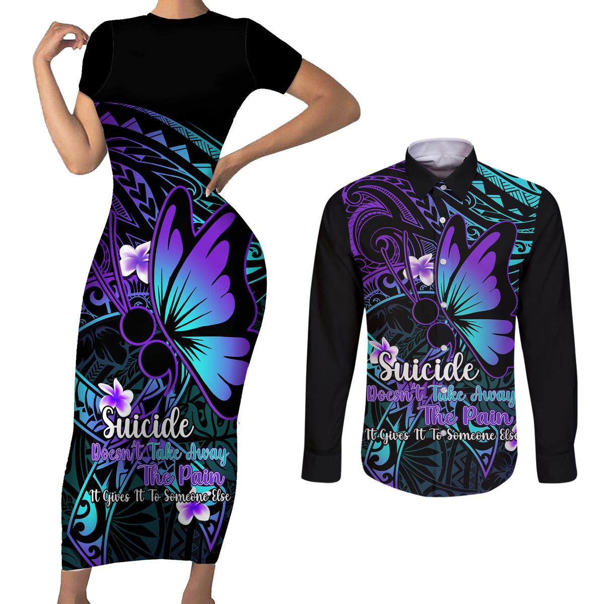 Polynesia Suicide Prevention Awareness Couples Matching Short Sleeve Bodycon Dress and Long Sleeve Button Shirts Your Life Is Worth Living For Polynesian Blue Pattern - Wonder Print Shop