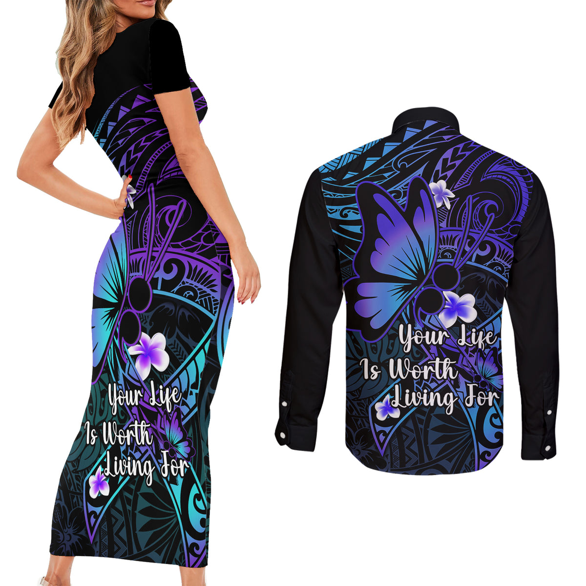 Polynesia Suicide Prevention Awareness Couples Matching Short Sleeve Bodycon Dress and Long Sleeve Button Shirts Your Life Is Worth Living For Polynesian Blue Pattern - Wonder Print Shop