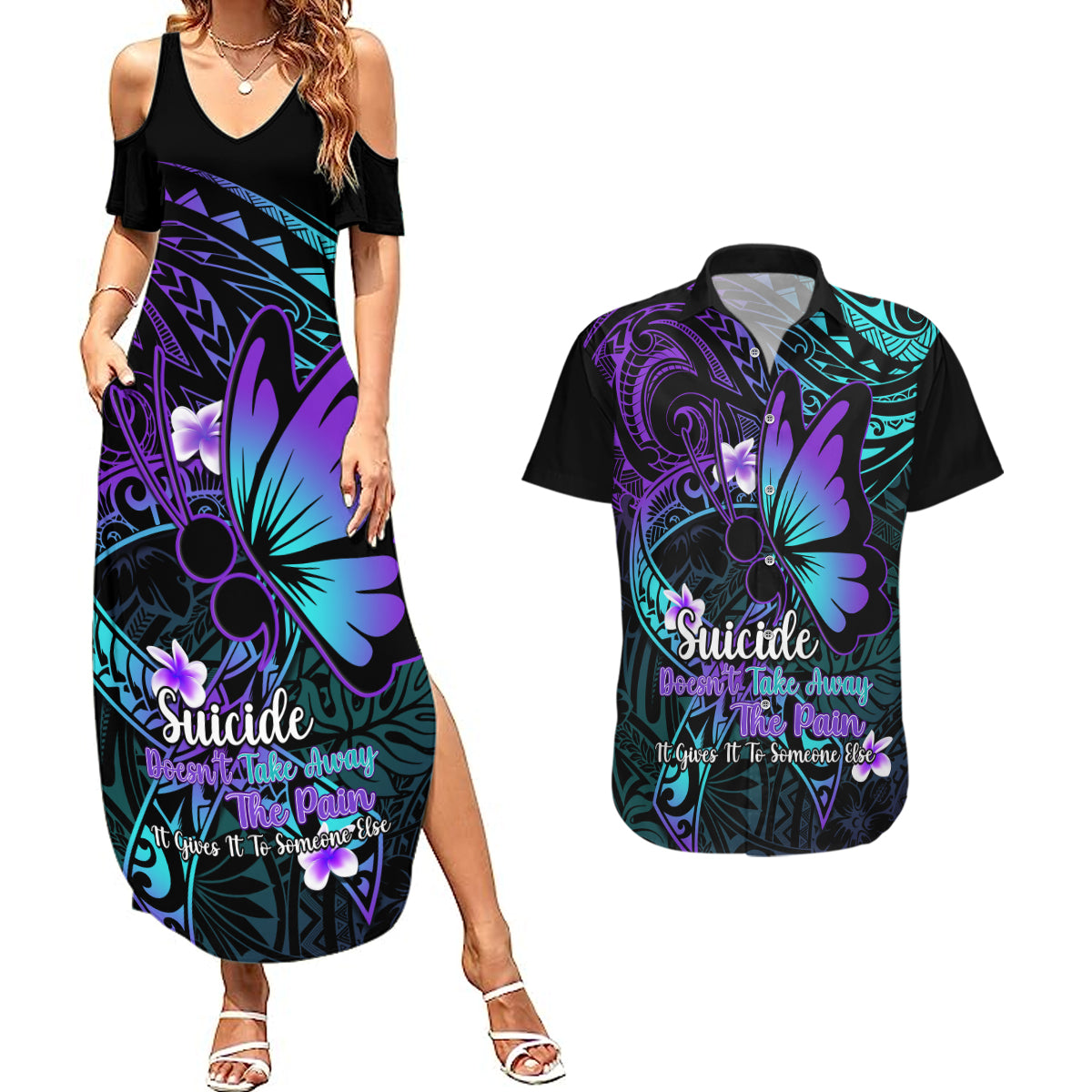 Polynesia Suicide Prevention Awareness Couples Matching Summer Maxi Dress and Hawaiian Shirt Your Life Is Worth Living For Polynesian Blue Pattern - Wonder Print Shop