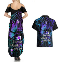 Polynesia Suicide Prevention Awareness Couples Matching Summer Maxi Dress and Hawaiian Shirt Your Life Is Worth Living For Polynesian Blue Pattern - Wonder Print Shop