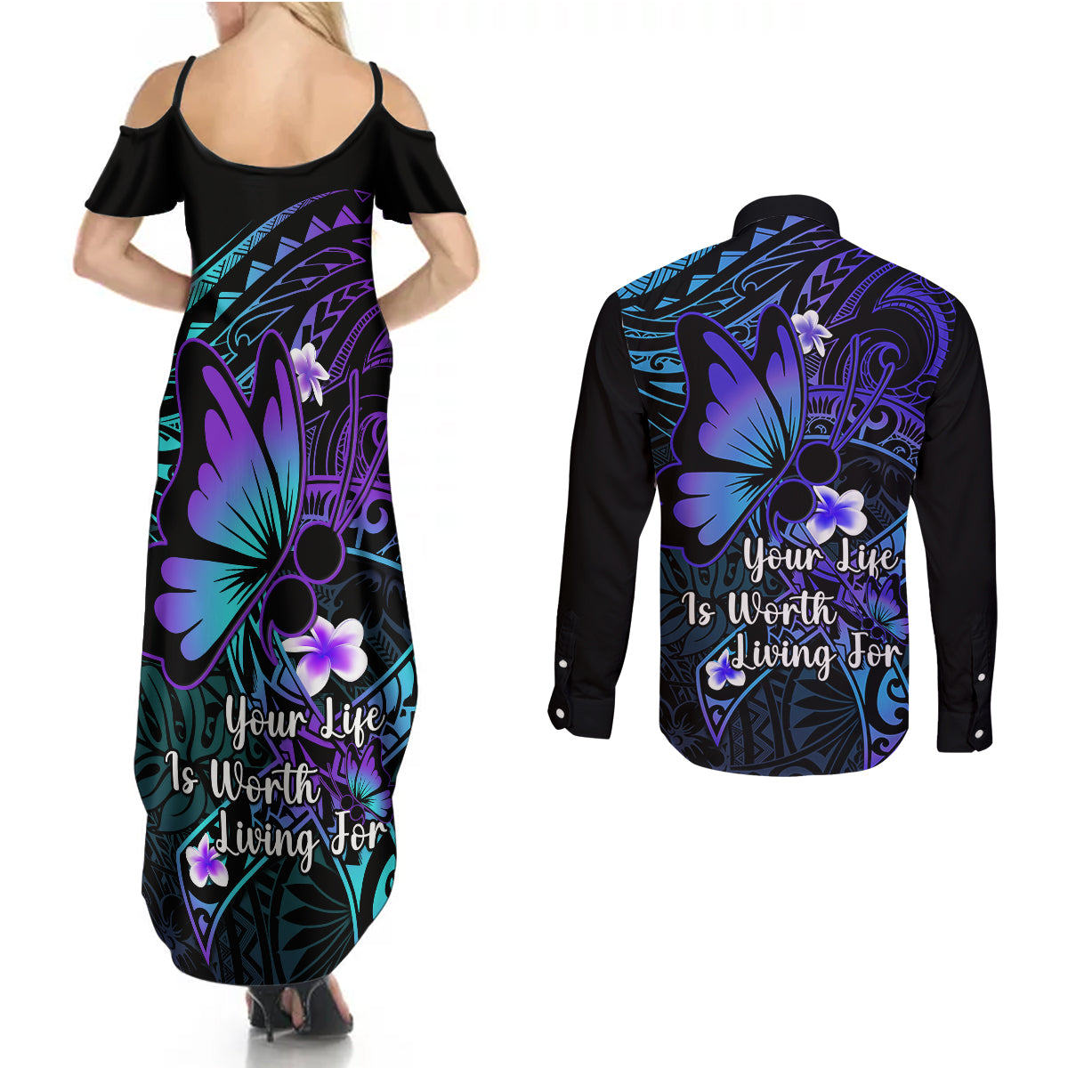 Polynesia Suicide Prevention Awareness Couples Matching Summer Maxi Dress and Long Sleeve Button Shirts Your Life Is Worth Living For Polynesian Blue Pattern - Wonder Print Shop