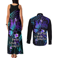 Polynesia Suicide Prevention Awareness Couples Matching Tank Maxi Dress and Long Sleeve Button Shirts Your Life Is Worth Living For Polynesian Blue Pattern - Wonder Print Shop