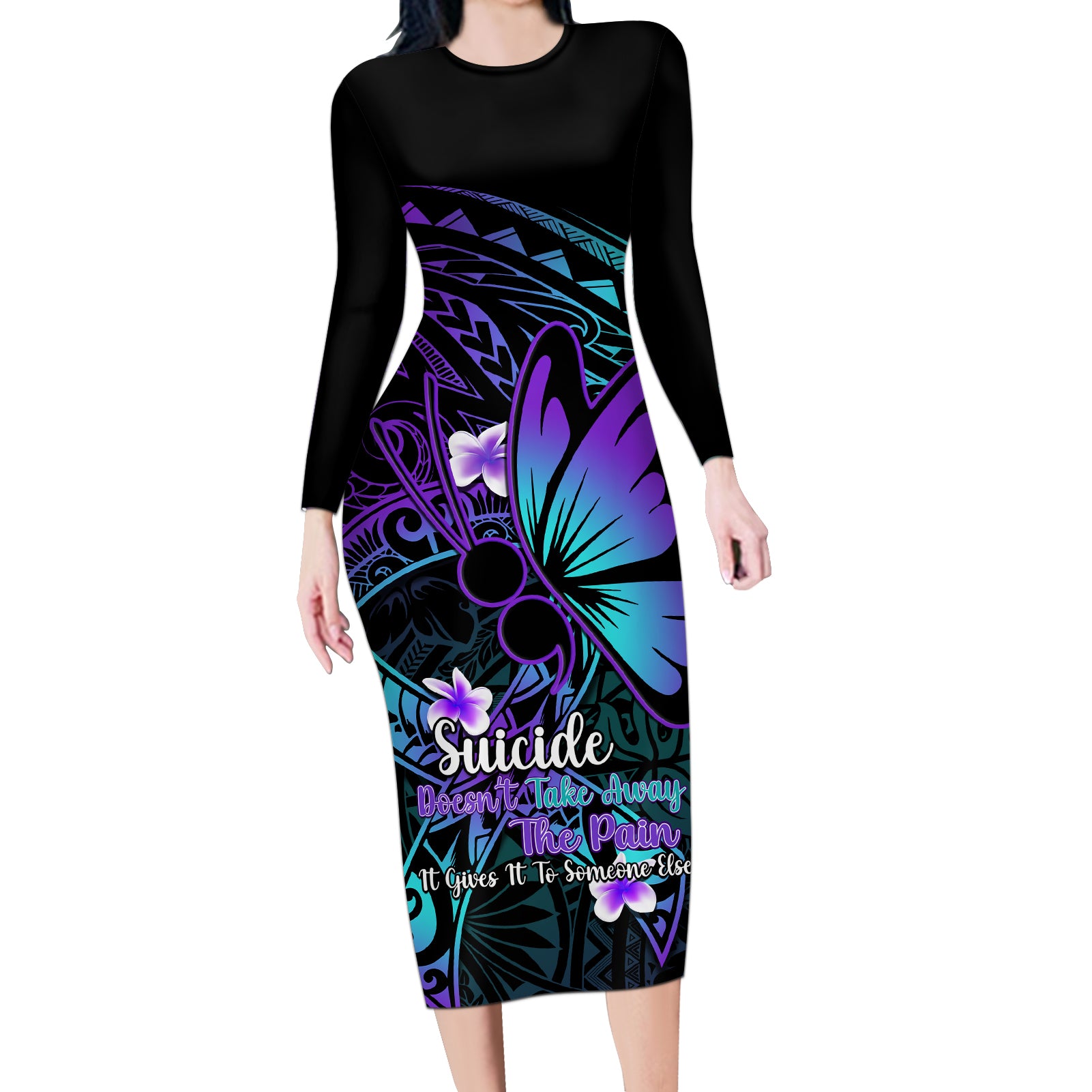 Polynesia Suicide Prevention Awareness Long Sleeve Bodycon Dress Your Life Is Worth Living For Polynesian Blue Pattern - Wonder Print Shop
