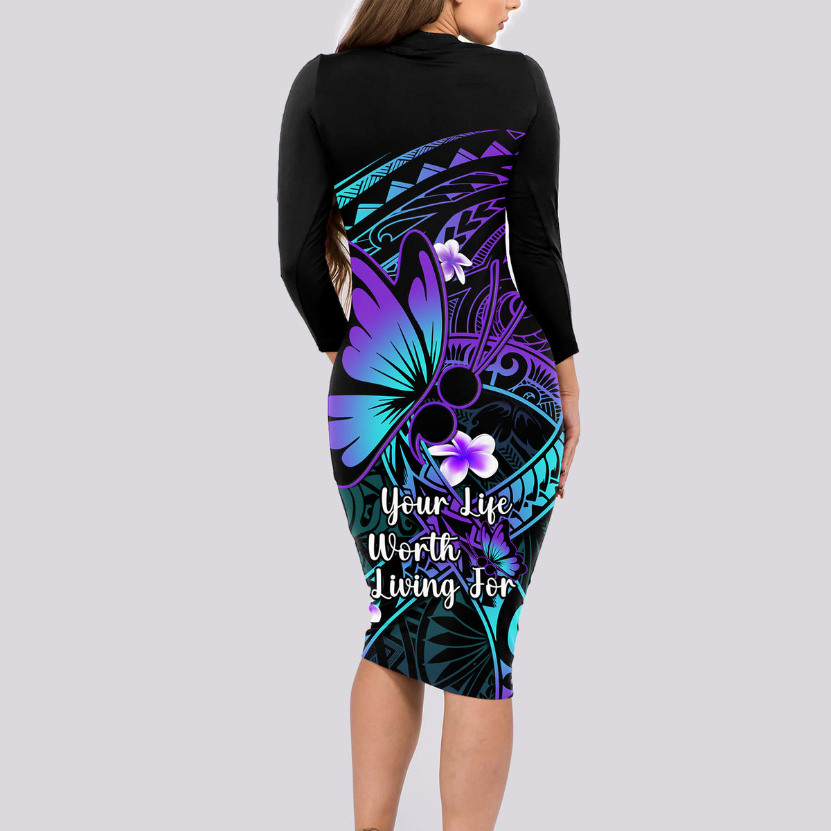 Polynesia Suicide Prevention Awareness Long Sleeve Bodycon Dress Your Life Is Worth Living For Polynesian Blue Pattern - Wonder Print Shop