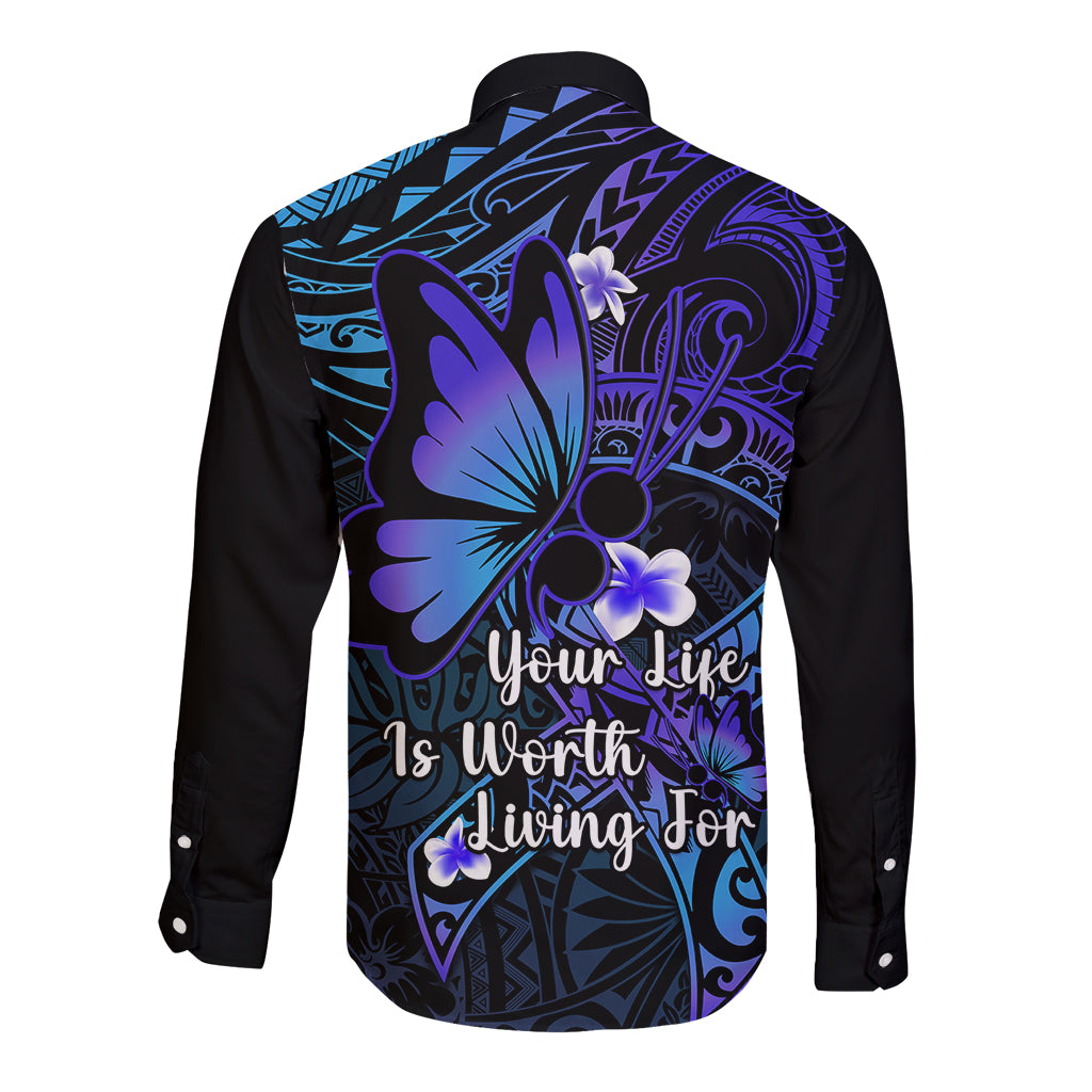 Polynesia Suicide Prevention Awareness Long Sleeve Button Shirt Your Life Is Worth Living For Polynesian Blue Pattern - Wonder Print Shop