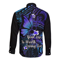 Polynesia Suicide Prevention Awareness Long Sleeve Button Shirt Your Life Is Worth Living For Polynesian Blue Pattern - Wonder Print Shop