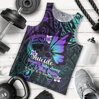 Men's blue graphic tank top with purple and teal floral pattern and front message