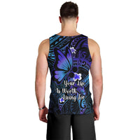 Men's blue tank top back view, teal and purple floral graphic with large text
