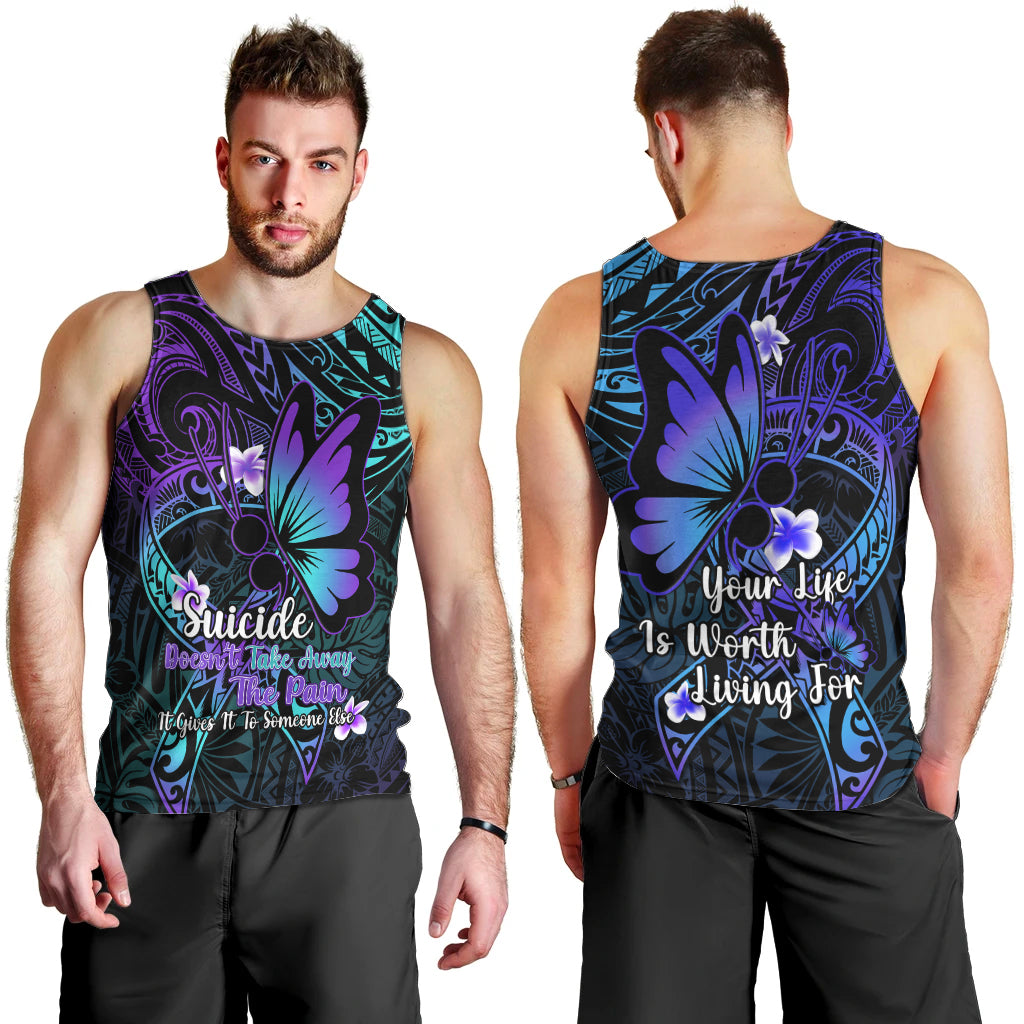 Men's blue tank top showing front and back, purple and teal floral pattern