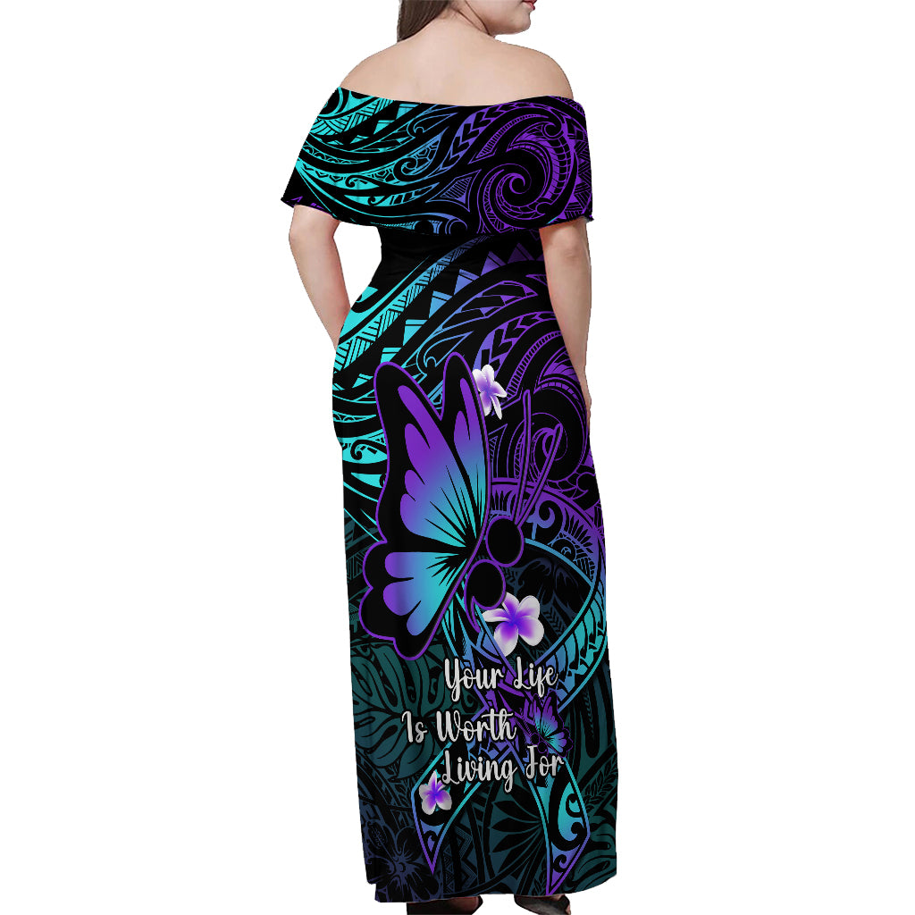 Polynesia Suicide Prevention Awareness Off Shoulder Maxi Dress Your Life Is Worth Living For Polynesian Blue Pattern - Wonder Print Shop