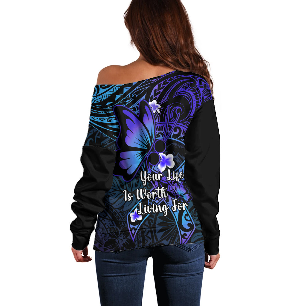 Polynesia Suicide Prevention Awareness Off Shoulder Sweater Your Life Is Worth Living For Polynesian Blue Pattern - Wonder Print Shop