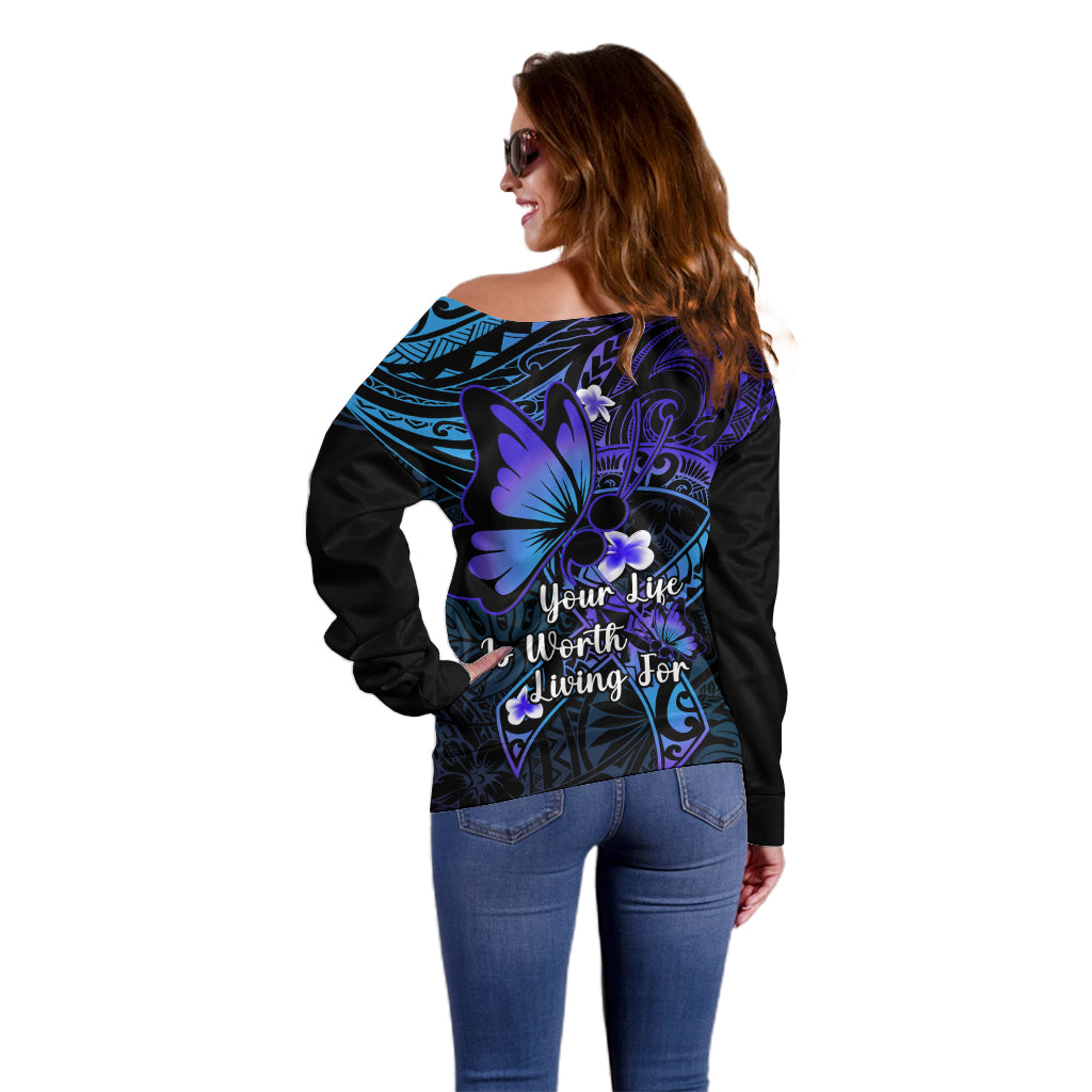 Polynesia Suicide Prevention Awareness Off Shoulder Sweater Your Life Is Worth Living For Polynesian Blue Pattern - Wonder Print Shop