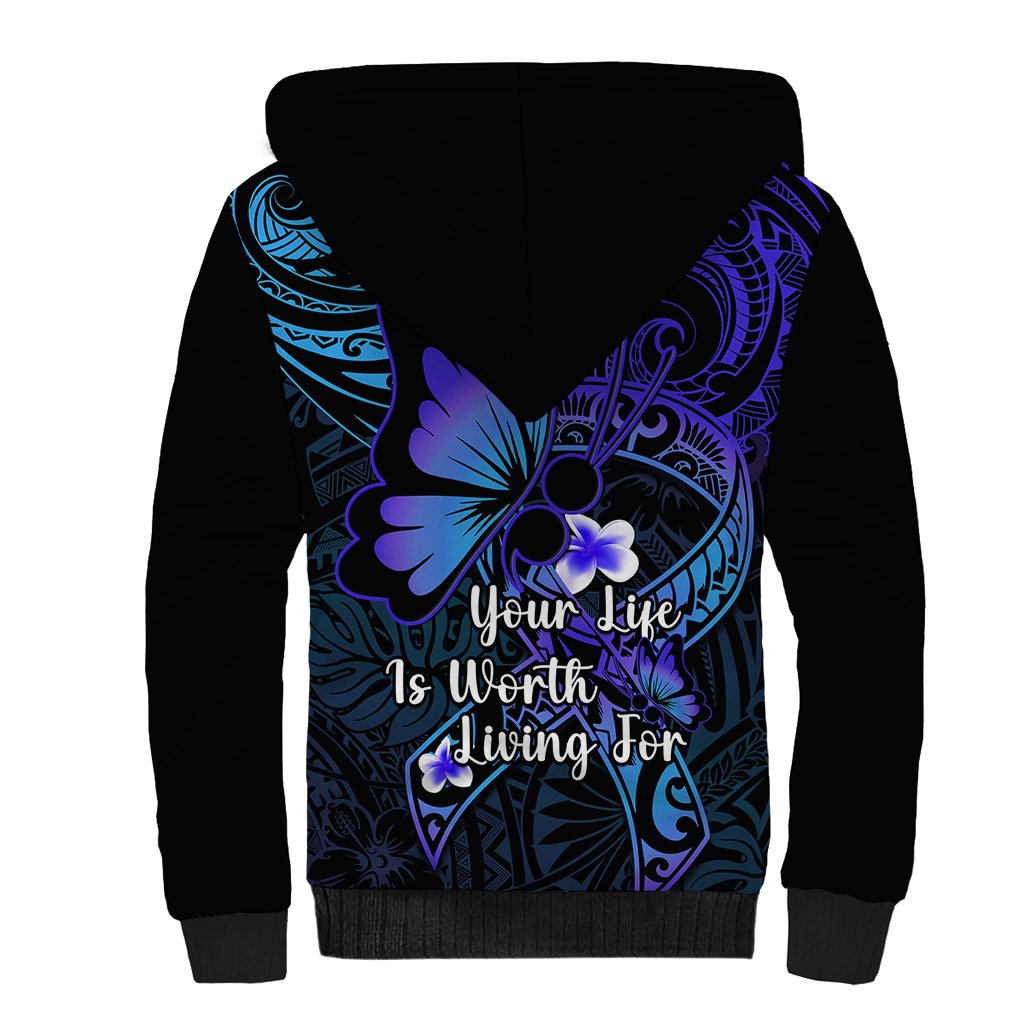 Polynesia Suicide Prevention Awareness Sherpa Hoodie Your Life Is Worth Living For Polynesian Blue Pattern - Wonder Print Shop