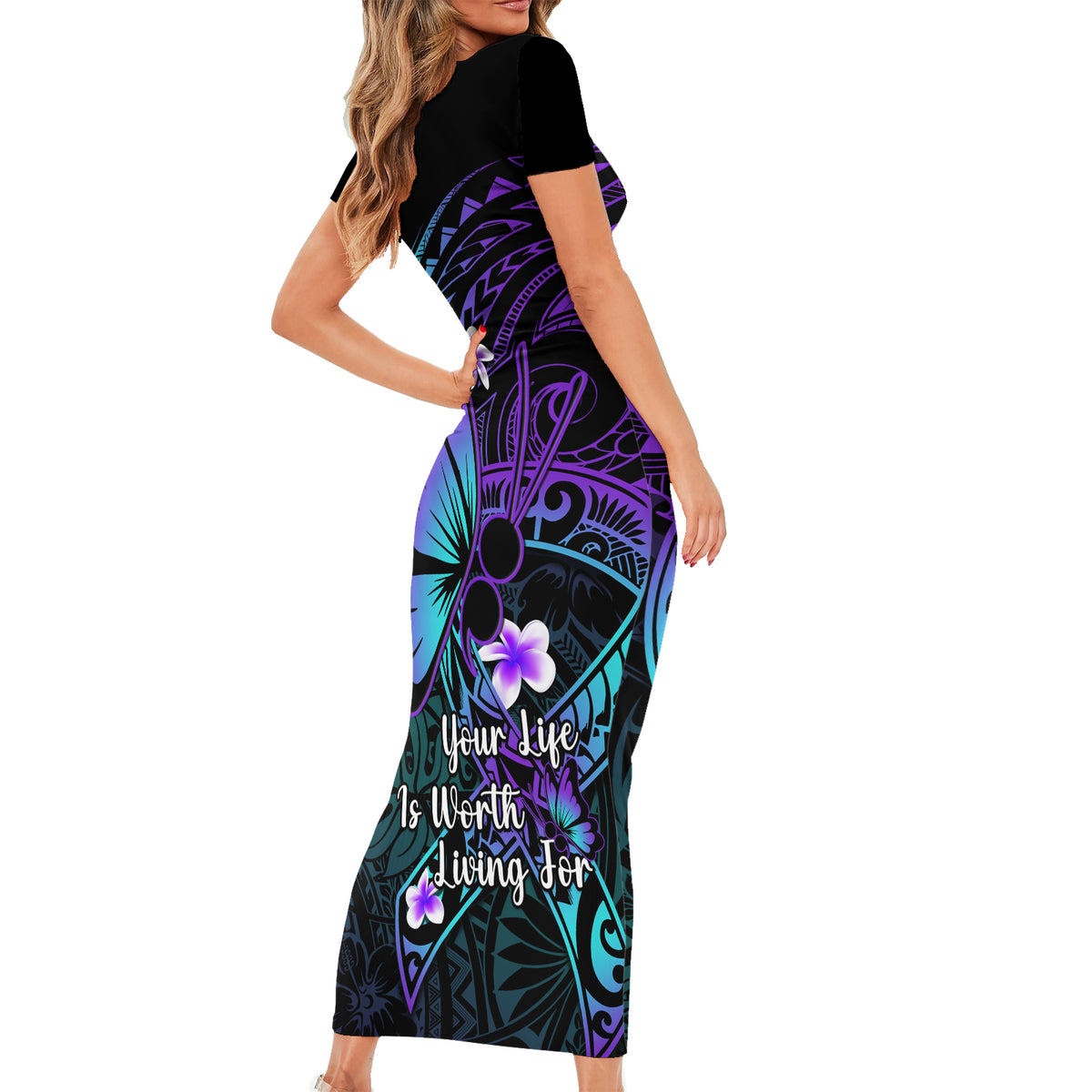 Polynesia Suicide Prevention Awareness Short Sleeve Bodycon Dress Your Life Is Worth Living For Polynesian Blue Pattern - Wonder Print Shop