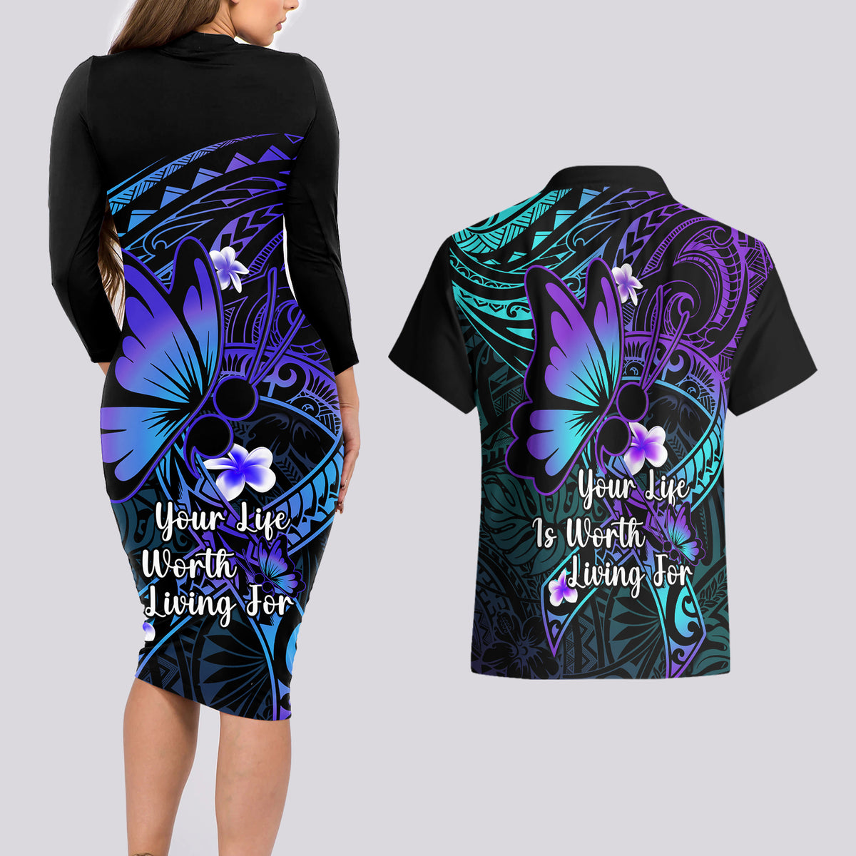 Polynesia Suicide Prevention Awareness Couples Matching Long Sleeve Bodycon Dress and Hawaiian Shirt Your Life Is Worth Living For Polynesian Gold Pattern - Wonder Print Shop