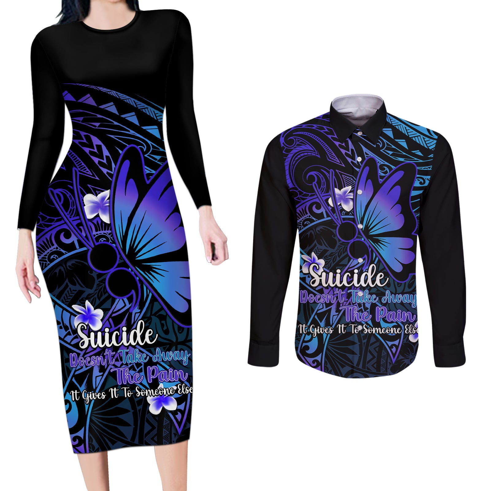 Polynesia Suicide Prevention Awareness Couples Matching Long Sleeve Bodycon Dress and Long Sleeve Button Shirts Your Life Is Worth Living For Polynesian Gold Pattern - Wonder Print Shop