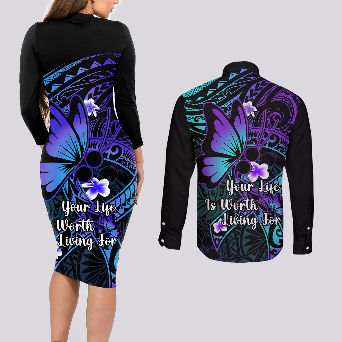 Polynesia Suicide Prevention Awareness Couples Matching Long Sleeve Bodycon Dress and Long Sleeve Button Shirts Your Life Is Worth Living For Polynesian Gold Pattern - Wonder Print Shop