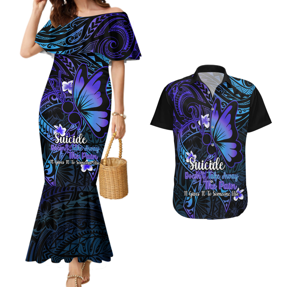 Polynesia Suicide Prevention Awareness Couples Matching Mermaid Dress and Hawaiian Shirt Your Life Is Worth Living For Polynesian Gold Pattern - Wonder Print Shop