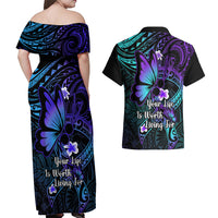Polynesia Suicide Prevention Awareness Couples Matching Off Shoulder Maxi Dress and Hawaiian Shirt Your Life Is Worth Living For Polynesian Gold Pattern - Wonder Print Shop
