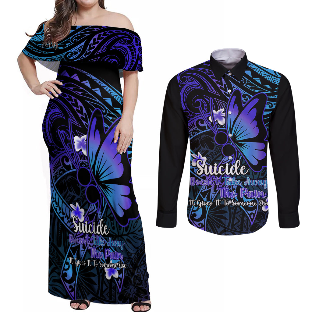 Polynesia Suicide Prevention Awareness Couples Matching Off Shoulder Maxi Dress and Long Sleeve Button Shirts Your Life Is Worth Living For Polynesian Gold Pattern - Wonder Print Shop