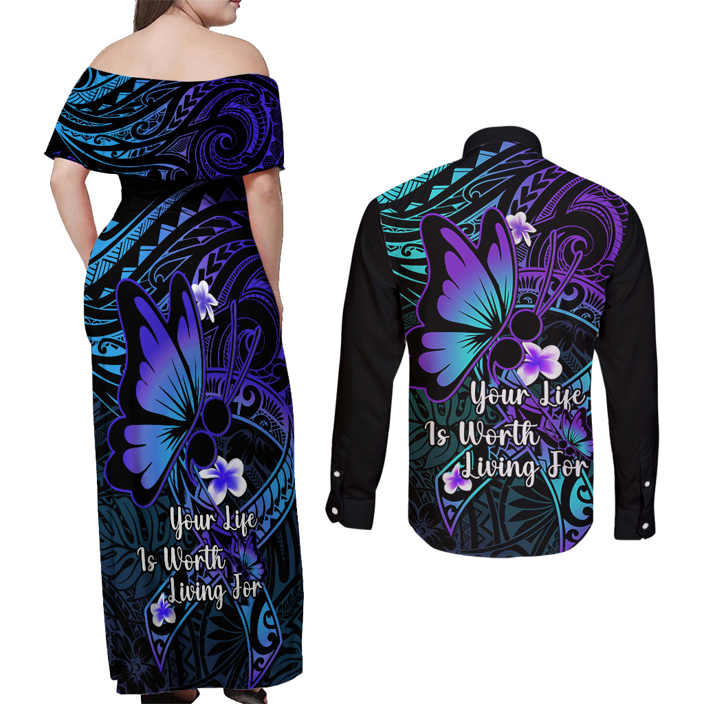 Polynesia Suicide Prevention Awareness Couples Matching Off Shoulder Maxi Dress and Long Sleeve Button Shirts Your Life Is Worth Living For Polynesian Gold Pattern - Wonder Print Shop