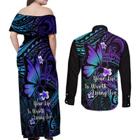 Polynesia Suicide Prevention Awareness Couples Matching Off Shoulder Maxi Dress and Long Sleeve Button Shirts Your Life Is Worth Living For Polynesian Gold Pattern - Wonder Print Shop