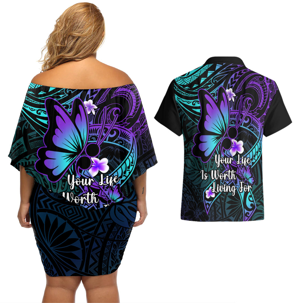 Polynesia Suicide Prevention Awareness Couples Matching Off Shoulder Short Dress and Hawaiian Shirt Your Life Is Worth Living For Polynesian Gold Pattern - Wonder Print Shop