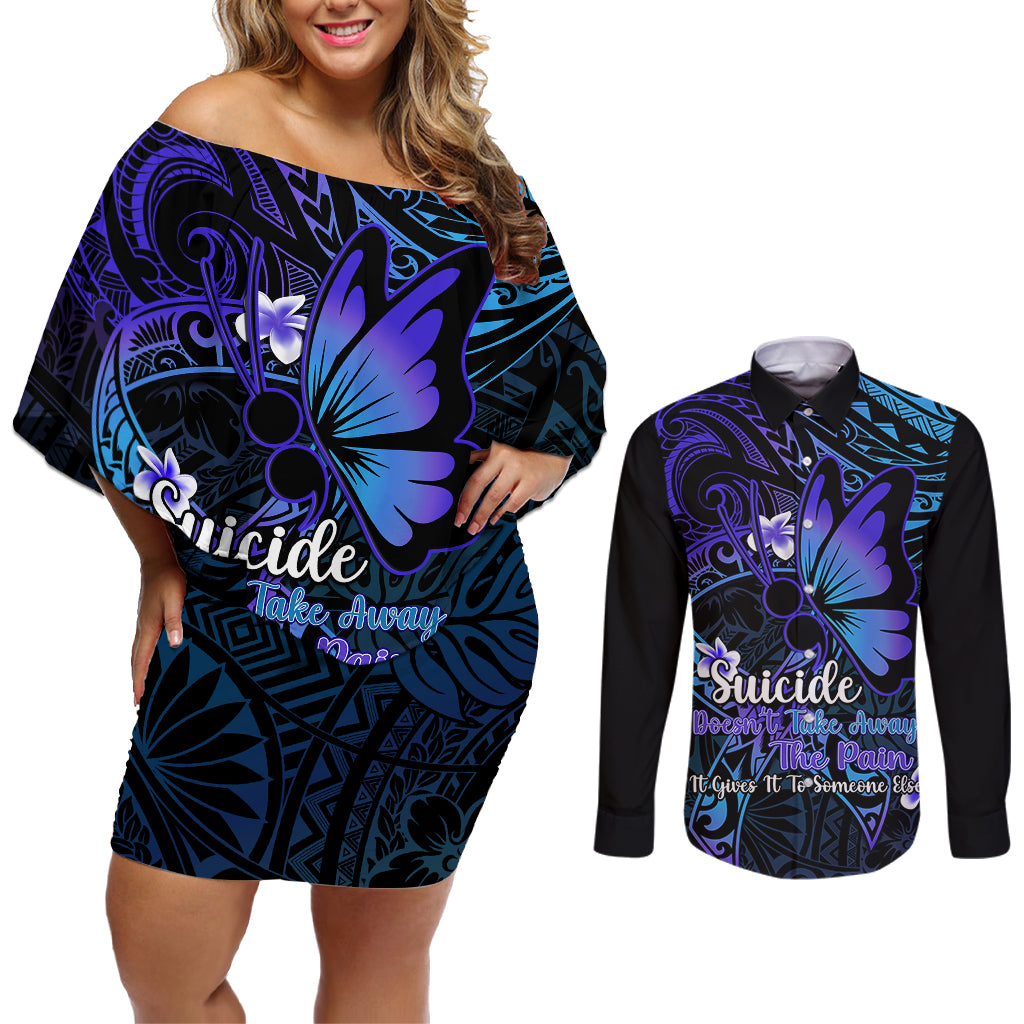 Polynesia Suicide Prevention Awareness Couples Matching Off Shoulder Short Dress and Long Sleeve Button Shirts Your Life Is Worth Living For Polynesian Gold Pattern - Wonder Print Shop
