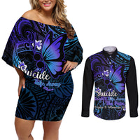 Polynesia Suicide Prevention Awareness Couples Matching Off Shoulder Short Dress and Long Sleeve Button Shirts Your Life Is Worth Living For Polynesian Gold Pattern - Wonder Print Shop