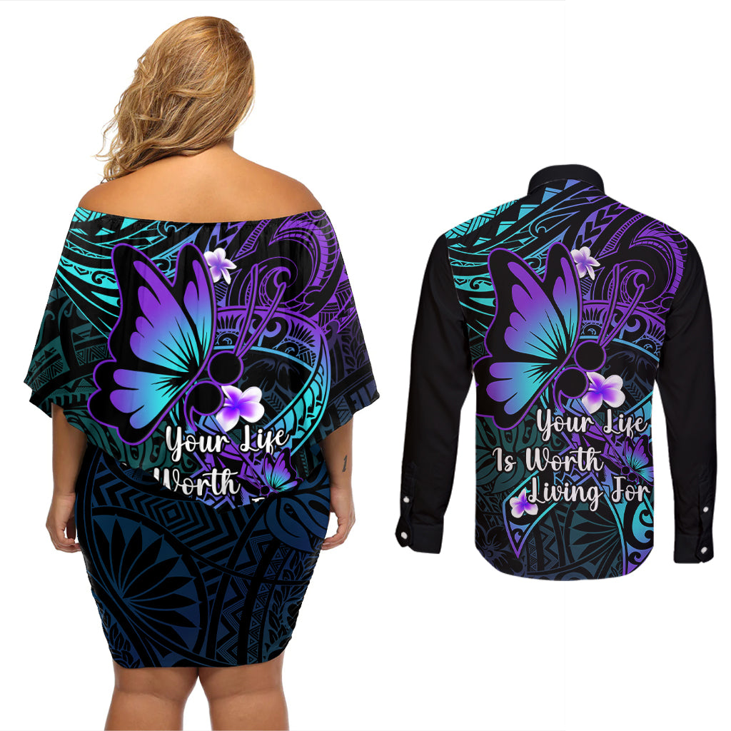 Polynesia Suicide Prevention Awareness Couples Matching Off Shoulder Short Dress and Long Sleeve Button Shirts Your Life Is Worth Living For Polynesian Gold Pattern - Wonder Print Shop