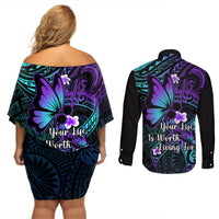Polynesia Suicide Prevention Awareness Couples Matching Off Shoulder Short Dress and Long Sleeve Button Shirts Your Life Is Worth Living For Polynesian Gold Pattern - Wonder Print Shop