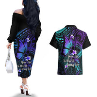 Polynesia Suicide Prevention Awareness Couples Matching Off The Shoulder Long Sleeve Dress and Hawaiian Shirt Your Life Is Worth Living For Polynesian Gold Pattern - Wonder Print Shop