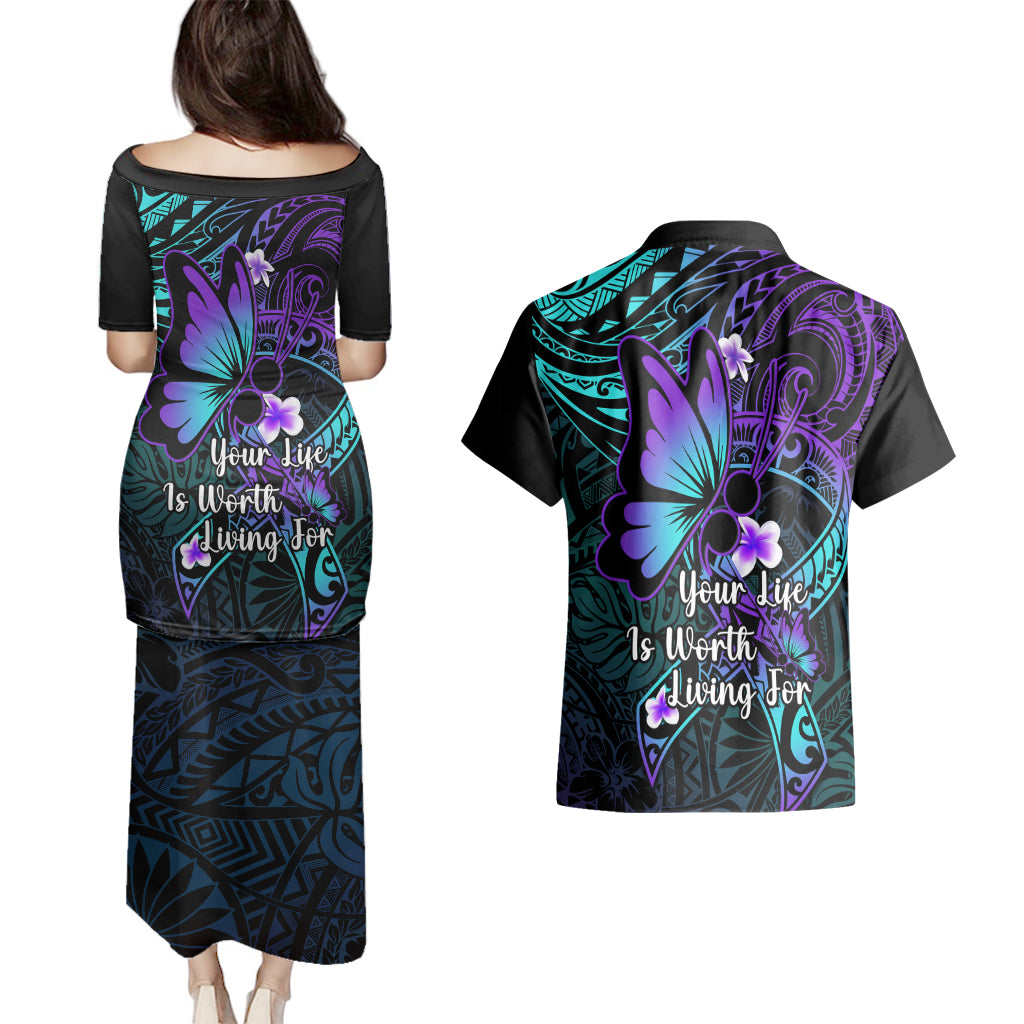 Polynesia Suicide Prevention Awareness Couples Matching Puletasi Dress and Hawaiian Shirt Your Life Is Worth Living For Polynesian Gold Pattern - Wonder Print Shop