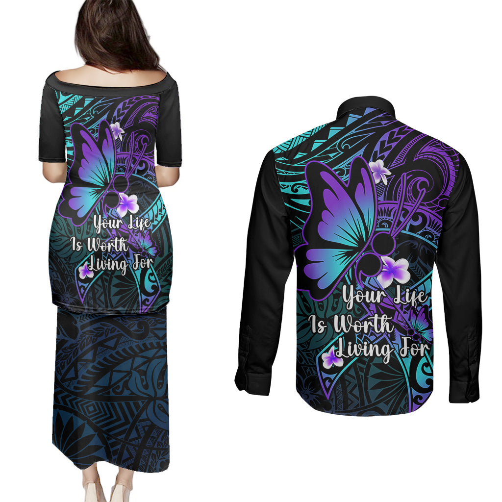 Polynesia Suicide Prevention Awareness Couples Matching Puletasi Dress and Long Sleeve Button Shirts Your Life Is Worth Living For Polynesian Gold Pattern - Wonder Print Shop