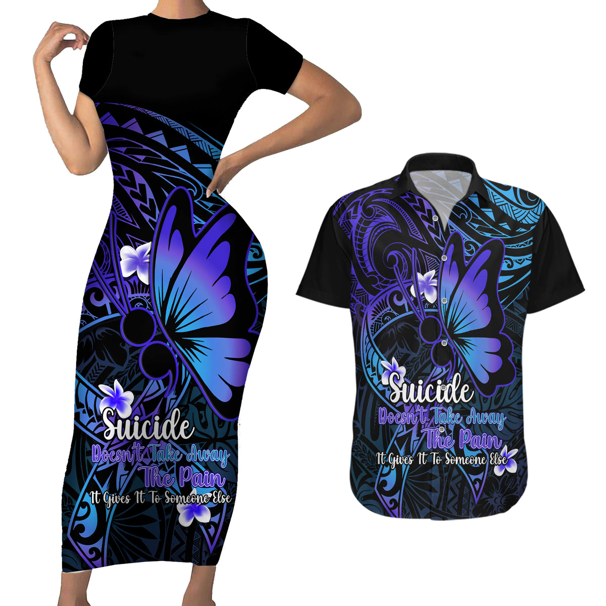 Polynesia Suicide Prevention Awareness Couples Matching Short Sleeve Bodycon Dress and Hawaiian Shirt Your Life Is Worth Living For Polynesian Gold Pattern - Wonder Print Shop